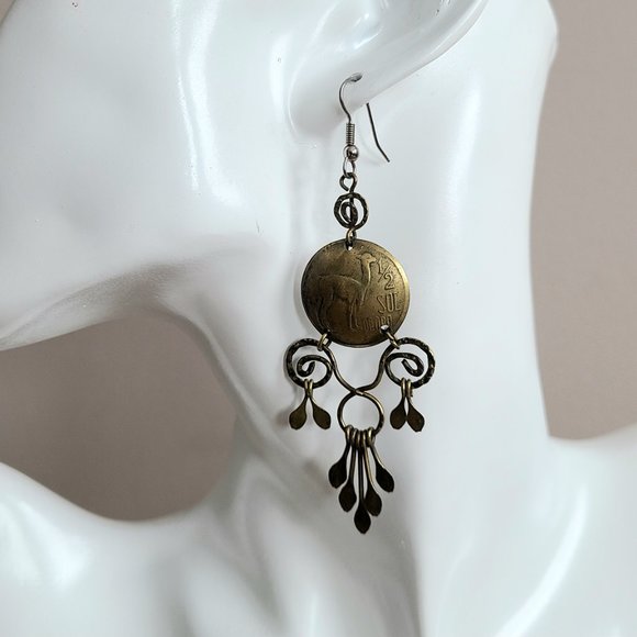 Hand made dangling brass earrings made of Peru coins. - Picture 1 of 7